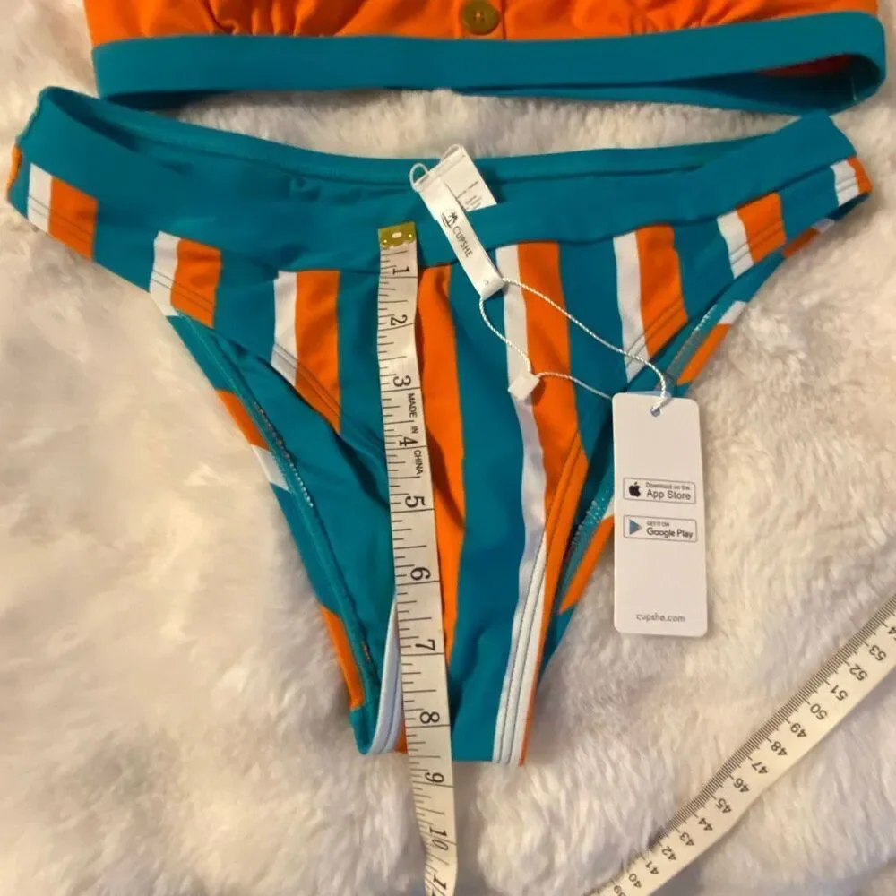 Cupshe Orange and Teal Striped Two-Piece Bikini Sz Small